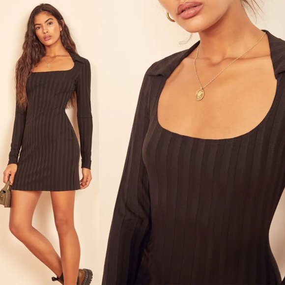 Reformation Dresses & Skirts - Reformation Vittoria Dress Ribbed Collar Long Sleeve Bodycon Mini Black Medium